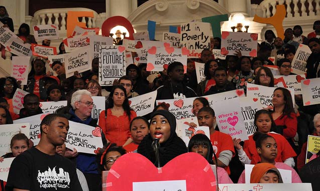 On February 14, 2012 Pennsylvania public school students, parents and teachers converged at the Capitol Rotunda to protest education cuts